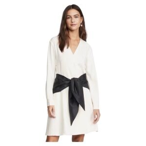 New With Tags TIBI Ivory Stretch Faux Wrap Dress Long Sleeve Black Belt